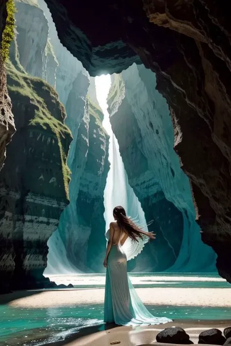 (8k, epiCPhoto, ultra realistic, hyperrealism, professional (full body shot, from behind) photograph (dynamic angle from below:1.5), HDR:1.2), (incredibly lifelike:1.4) (beautiful woman<towering figure, fit body, dimples of venus>, oily shiny skin), (straight back, she faces away from camera<hidden face>, we see only the back of her head<no face>, majestic, tall straight figure of a woman, tasteful nude glamour<backside>, standing on sandy beach as shallow turquoise surf engulfs her feet, elegant long windblown hair flows down her back:1.5), (effervescent white cliffs of cassis rise around her<towering cliffs, narrow gorge, cave aglow>, glowing shine from side:1.5), (HDR<extraordinary lighting, details, cinematic effect>) (Masterpiece:1.5), (best quality:1.5), highres, (ultra-detailed), trending on artstation, lightroom