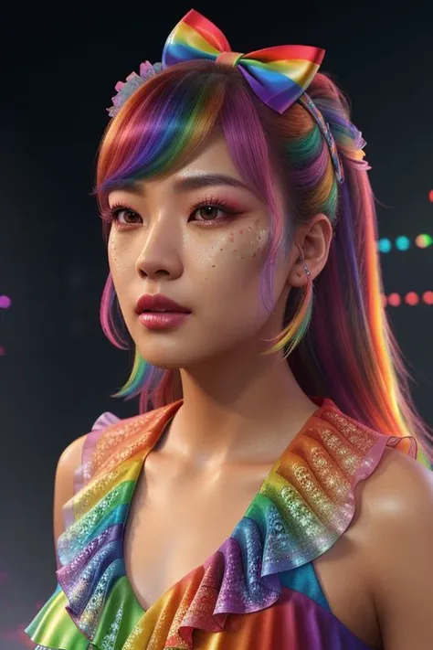 (rainbow theme:1.3), professional detailed (full shot) photo of (beautiful Korean princess) wearing (intricate rainbow princess dress, multilayered dress:1.2), (shiny glossy translucent clothing, gleaming oily fabric :1.1), (perfect face, beautiful face, symmetric face), rainbow (lipstick, eyeshadow, mascara, heavy makeup:1.1), (frills, lace, bows:1.2), (rainbow stockings:1.1), (rainbow hair:1.1),
ultra wide angle shot, cinematic style, 8k, RAW photo, photo-realistic, masterpiece, best quality, absurdres, incredibly absurdres, huge filesize, extremely detailed, High quality texture, Cinematic Lighting, physically-based rendering, Ray tracing,