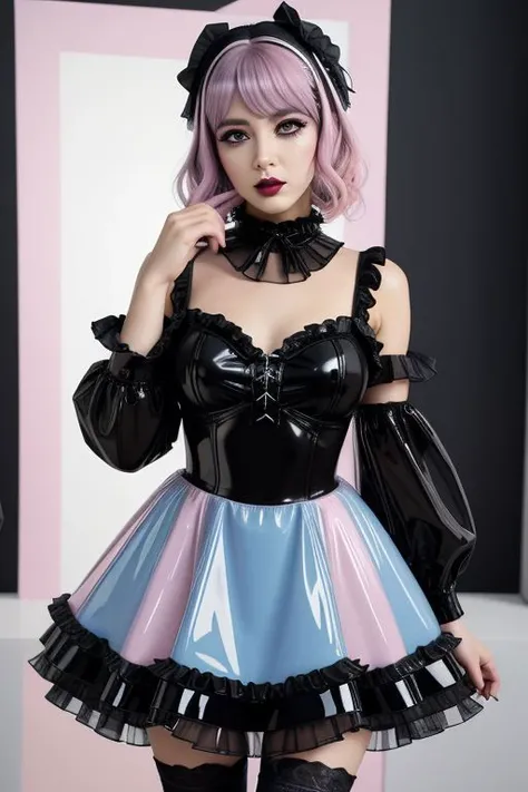 (glossy pastel goth lolitafashion:1.3), masterpiece, best quality, professional detailed (medium shot) photo of (beautiful adult woman) wearing (glossy latex intricate pastel goth lolitadress, multilayered dress:1.2), (shiny glossy translucent clothing, gleaming oily latex fabric :1.1), (perfect face, beautiful face, symmetric face), pastel goth (lipstick, eyeshadow, mascara, heavy makeup:1.1), (frills, lace, bows:1.2), (pastel goth stockings:1.1),
ultra wide angle shot, cinematic style, 8k, RAW photo, photo-realistic, masterpiece, best quality, absurdres, incredibly absurdres, huge filesize, extremely detailed, High quality texture, Cinematic Lighting, physically-based rendering, Ray tracing,