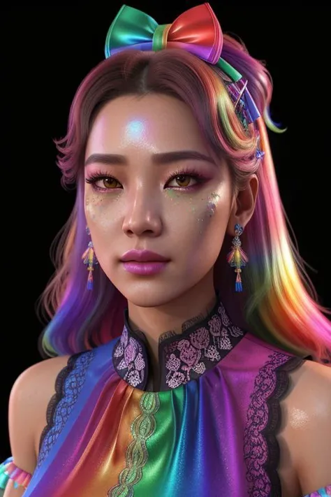 (rainbow theme:1.3), professional detailed (full body) photo of (beautiful Korean princess) wearing (intricate rainbow princess dress, multilayered dress:1.2), (shiny glossy translucent clothing, gleaming oily fabric :1.1), (perfect face, beautiful face, symmetric face), rainbow (lipstick, eyeshadow, mascara, heavy makeup:1.1), (frills, lace, bows:1.2), (rainbow stockings:1.1), (rainbow hair:1.1),
cinematic style, 8k, RAW photo, photo-realistic, masterpiece, best quality, absurdres, incredibly absurdres, huge filesize, extremely detailed, High quality texture, physically-based rendering, Ray tracing,