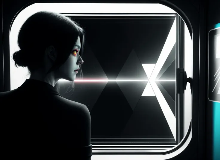 three cornered window, back of head shot of (woman looking out of triangle window:1.1), 3rd person, Looking out the triangular window of a (train:1.1) with triangular windows, triangular windows and triangular, wheels, in a fantasy world,
psychedelic, geometric, vivid light, high contrast, triadic colors, dark shadows, explosions, nuclear mushroom cloud, nuclear explosion, dystopian nightmare,
(beautiful composition),
21 yo woman,