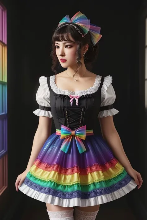 (lolitafashion:1.3), masterpiece, best quality, professional detailed (medium shot) photo of (beautiful adult woman) wearing (intricate rainbow lolitadress:1.2), (shiny glossy translucent clothing, gleaming oily fabric :1.1), (perfect face, beautiful face, symmetric face), rainbow (lipstick, eyeshadow, mascara, heavy makeup:1.1), (frills, lace, bows:1.2), (rainbow stockings:1.1),
ultra wide angle shot, cinematic style, 8k, RAW photo, photo-realistic, masterpiece, best quality, absurdres, incredibly absurdres, huge filesize, extremely detailed, High quality texture, Cinematic Lighting, physically-based rendering, Ray tracing,