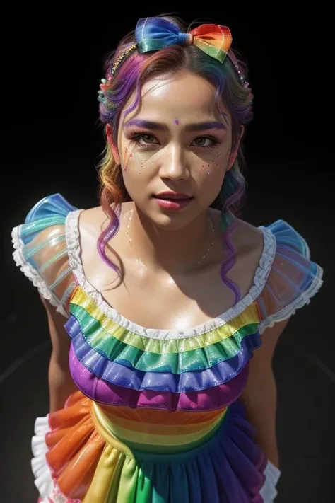 (rainbow theme:1.3), professional detailed (medium shot) photo of (beautiful rainbow princess) wearing (intricate rainbow princess dress, multilayered dress:1.2), (shiny glossy translucent clothing, gleaming oily fabric :1.1), (perfect face, beautiful face, symmetric face), rainbow (lipstick, eyeshadow, mascara, heavy makeup:1.1), (frills, lace, bows:1.2), (rainbow stockings:1.1), (rainbow hair),
ultra wide angle shot, cinematic style, 8k, RAW photo, photo-realistic, masterpiece, best quality, absurdres, incredibly absurdres, huge filesize, extremely detailed, High quality texture, Cinematic Lighting, physically-based rendering, Ray tracing,