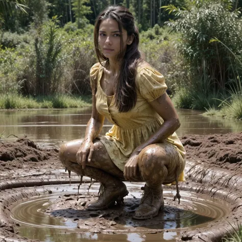 Hyperrealistic photograph of a 30-year-old woman smeared with mud, Lena Meyer Landrut, tulle skirt smeared with mud, sitting on a chair, pointe shoes smeared with mud, the entire body, red curly hair and clothes are smeared with mud, high quality, realistic lighting, center of the image, hourglass proportions, 8k, HDR, BDSM, medium chest size, long legs, tinted, professional photography of a woman,  natural skin texture smeared with a lot of mud, 4K textures, Adobe Lightroom, Photolab, HDR, intricate, elegant, very detailed, sharp focus, insane details, intricate details, hyper-detailed, bright cinema light, outdoor atmosphere, chin pulled up, (exposed belly: 1.8), (long-distance), dominant facial expression