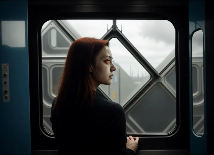 three cornered window, back of head shot of (woman looking out of triangle window:1.1), 3rd person, Looking out the triangular window of a (train:1.1) with triangular windows, triangular windows and triangular, wheels, in a fantasy world,
psychedelic, geometric, vivid light, high contrast, triadic colors, dark shadows, explosions, nuclear mushroom cloud, nuclear explosion, dystopian nightmare,
(beautiful composition),
21 yo woman,