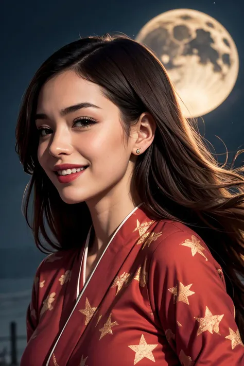 ((21 years old)), adult, woman, Slim girl, large breasts, narrow waist, wide hips, skinny, tiny, miniscule, petite, small arms, small legs, small body, smile,
simple background,
closed mouth, detailed eyes, detailed face,
star (symbol), from side, crescent moon, size difference, muscular, painful, teeth clenching, motion lines, By Danielle Raymond, red kimono, tight flowerprint dress,, Elaborate accents, Dark eyeliner, (Subtle gestures discernible:1.2), Enigmatic ambiance, nightscape, (windy), Picture taken with a Phase One XF IQ4 150MP Camera, 80mm f/2.8 lens, Precision focusing, Detailed clarity, detailed eyes, detailed face, perfect pupils, dilated pupils, beautiful, blush, makeup, lipstick,