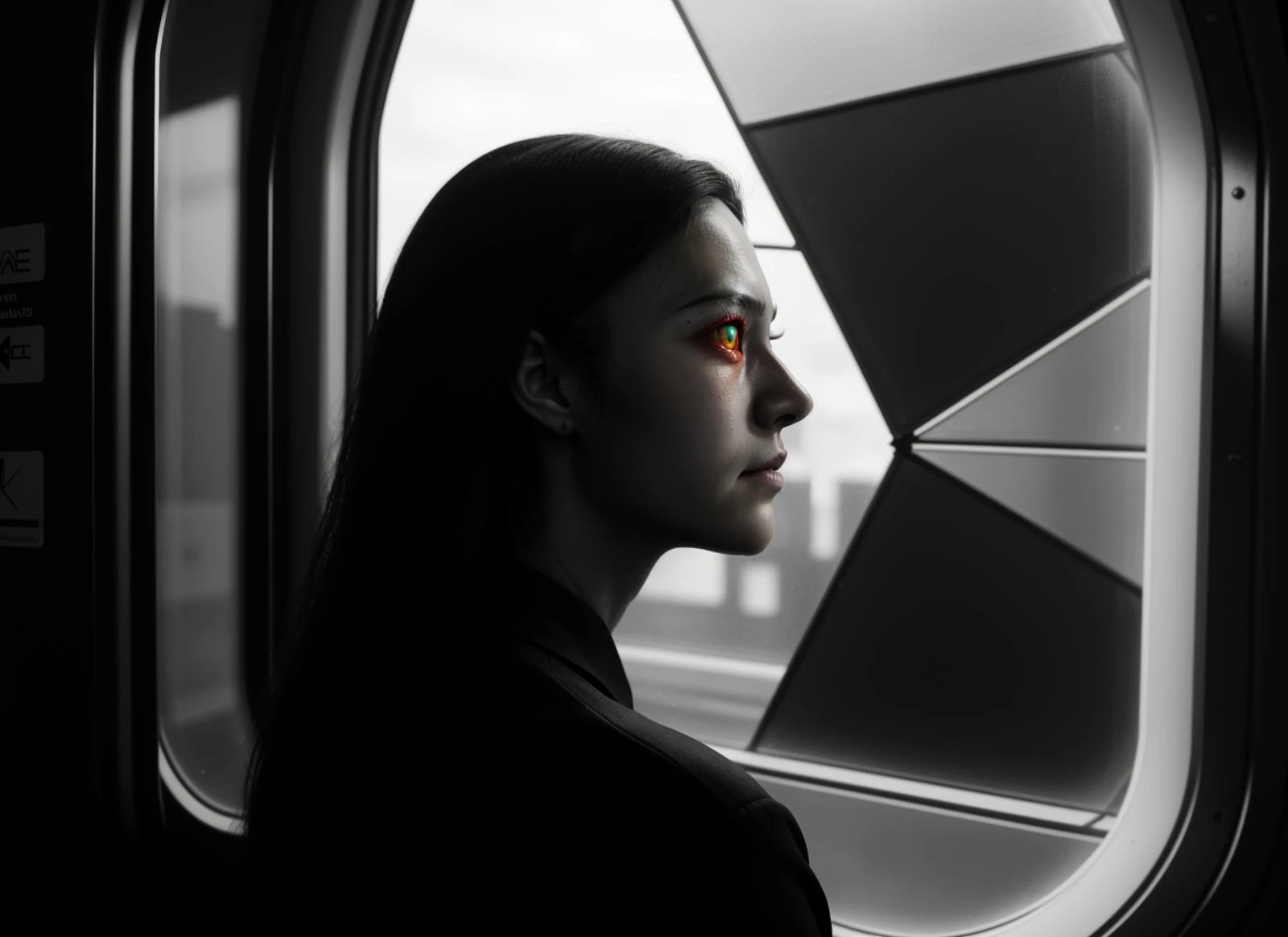 three cornered window, back of head shot of (woman looking out of triangle window:1.1), 3rd person, Looking out the triangular window of a (train:1.1) with triangular windows, triangular windows and triangular, wheels, in a fantasy world,
psychedelic, geometric, vivid light, high contrast, triadic colors, dark shadows, explosions, nuclear mushroom cloud, nuclear explosion, dystopian nightmare,
(beautiful composition),
21 yo woman,