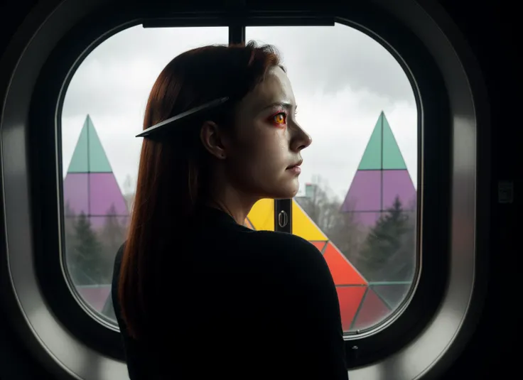 three cornered window, back of head shot of (woman looking out of triangle window:1.1), 3rd person, Looking out the triangular window of a (train:1.1) with triangular windows, triangular windows and triangular, wheels, in a fantasy world,
psychedelic, geometric, vivid light, high contrast, triadic colors, dark shadows, explosions, nuclear mushroom cloud, nuclear explosion, dystopian nightmare,
(beautiful composition),
21 yo woman,
