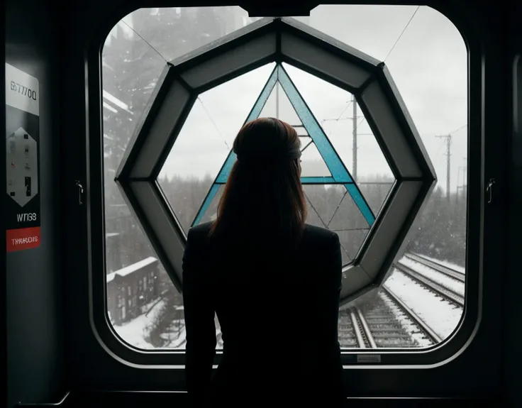 three cornered window, back of head shot of (woman looking out of triangle window:1.1), 3rd person, Looking out the triangular window of a (train:1.1) with triangular windows, triangular windows and triangular, wheels, in a fantasy world,
psychedelic, geometric, vivid light, high contrast, triadic colors, dark shadows, explosions, nuclear mushroom cloud, nuclear explosion, dystopian nightmare,
(beautiful composition),
21 yo woman,