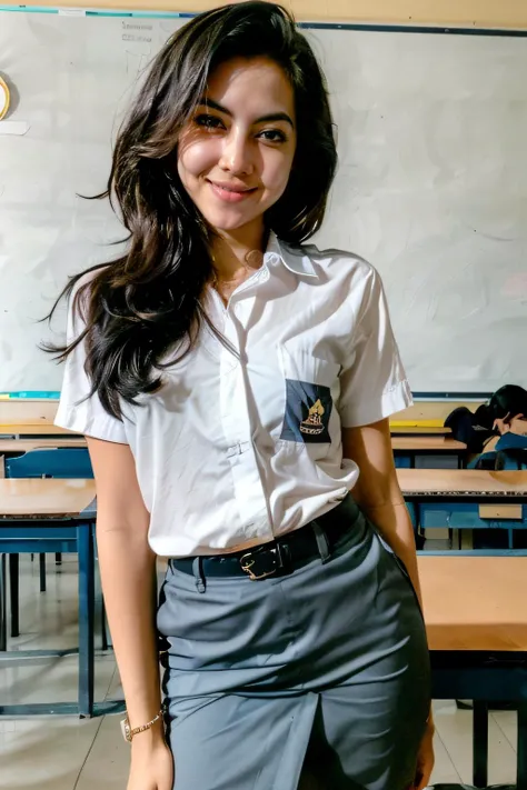 kerala girl, looks like Hermoine Granger, with friends, wearing a white tshirst and pants, realistic dress, smiling at camera, at school, in classroom, sitting on bench, luxurious classroom, f/8, realistic nature, sunlit, long shot from front, realistic skin texture, mobile photography, raw,