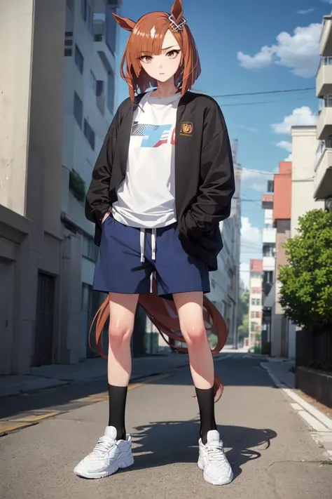 masterpiece, best quality,
ikuno dictus \(umamusume\),
full body, standing, street,
long sleeves, black sweater, hands in pockets, blue shorts, black socks, sneakers, white footwear,
<lora:ikuno_dictus_loha:0.7>