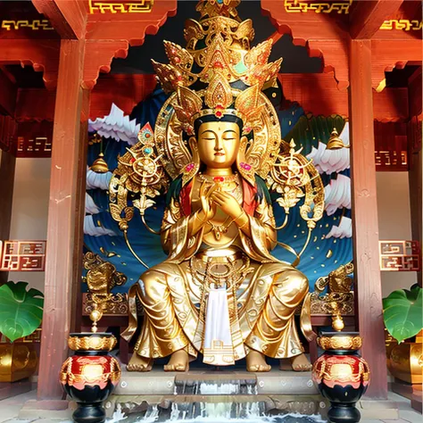 Mila, Maitreya Bodhisattva,Maitreya, a statue of a person with a gold head and a white robe on it's body and a red and gold robe on his head, Chinese temples scattered in the forest not far away, waterfall cascading into a lake or stream in the background, mountains and briliant small lake in the background, Lotus in the foreground, Clear and distinct fingers, clear and distinct toes, clear and distinct facial features,jewelry, leaf, lily flower, lily_pad, necklace, plant, solo, chinese temple, path, cherry blossom, sharp focus, the sun's rays, sparkly ripples, wind ripples, hyper hight detailed, real photo, intricate details, perfect composition, beautiful detailed intricate, 8 k photography, photorealistic, masterpiece, Photo-realistic, Image enhancement,Image post-processing,Image retouching