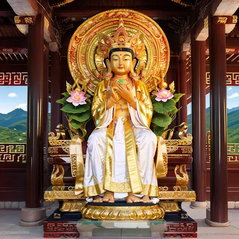 Mila, Maitreya Bodhisattva,Maitreya, a statue of a person with a gold head and a white robe on it's body and a red and gold robe on his head, Chinese temples scattered in the forest not far away, waterfall cascading into a lake or stream in the background, mountains and briliant small lake in the background, Lotus in the foreground, Clear and distinct fingers, clear and distinct toes, clear and distinct facial features,jewelry, leaf, lily flower, lily_pad, necklace, plant, solo, chinese temple, path, cherry blossom, sharp focus, the sun's rays, sparkly ripples, wind ripples, hyper hight detailed, real photo, intricate details, perfect composition, beautiful detailed intricate, 8 k photography, photorealistic, masterpiece, Photo-realistic, Image enhancement,Image post-processing,Image retouching