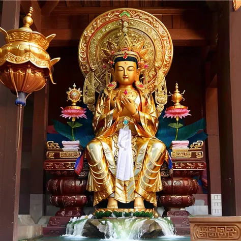 Mila, Maitreya Bodhisattva,Maitreya, a statue of a person with a gold head and a white robe on it's body and a red and gold robe on his head, Chinese temples scattered in the forest not far away, waterfall cascading into a lake or stream in the background, mountains and briliant small lake in the background, Lotus in the foreground, Clear and distinct fingers, clear and distinct toes, clear and distinct facial features,jewelry, leaf, lily flower, lily_pad, necklace, plant, solo, chinese temple, path, cherry blossom, sharp focus, the sun's rays, sparkly ripples, wind ripples, hyper hight detailed, real photo, intricate details, perfect composition, beautiful detailed intricate, 8 k photography, photorealistic, masterpiece, Photo-realistic, Image enhancement,Image post-processing,Image retouching