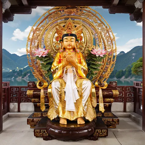 Mila, Maitreya Bodhisattva,Maitreya, a statue of a person with a gold head and a white robe on it's body and a red and gold robe on his head, Chinese temples scattered in the forest not far away, waterfall cascading into a lake or stream in the background, mountains and briliant small lake in the background, Lotus in the foreground, Clear and distinct fingers, clear and distinct toes, clear and distinct facial features,jewelry, leaf, lily flower, lily_pad, necklace, plant, solo, chinese temple, path, cherry blossom, sharp focus, the sun's rays, sparkly ripples, wind ripples, hyper hight detailed, real photo, intricate details, perfect composition, beautiful detailed intricate, 8 k photography, photorealistic, masterpiece, Photo-realistic, Image enhancement,Image post-processing,Image retouching