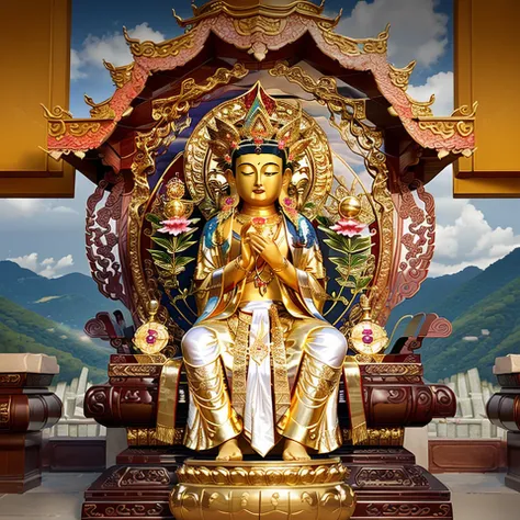 Mila, Maitreya Bodhisattva,Maitreya, a statue of a person with a gold head and a white robe on it's body and a red and gold robe on his head, Chinese temples scattered in the forest not far away, waterfall cascading into a lake or stream in the background, mountains and briliant small lake in the background, Lotus in the foreground, Clear and distinct fingers, clear and distinct toes, clear and distinct facial features,jewelry, leaf, lily flower, lily_pad, necklace, plant, solo, chinese temple, path, cherry blossom, sharp focus, the sun's rays, sparkly ripples, wind ripples, hyper hight detailed, real photo, intricate details, perfect composition, beautiful detailed intricate, 8 k photography, photorealistic, masterpiece, Photo-realistic, Image enhancement,Image post-processing,Image retouching