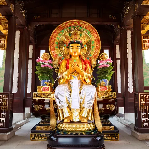 Mila, Maitreya Bodhisattva,Maitreya, a statue of a person with a gold head and a white robe on it's body and a red and gold robe on his head, Chinese temples scattered in the forest not far away, waterfall cascading into a lake or stream in the background, mountains and briliant small lake in the background, Lotus in the foreground, Clear and distinct fingers, clear and distinct toes, clear and distinct facial features,jewelry, leaf, lily flower, lily_pad, necklace, plant, solo, chinese temple, path, cherry blossom, sharp focus, the sun's rays, sparkly ripples, wind ripples, hyper hight detailed, real photo, intricate details, perfect composition, beautiful detailed intricate, 8 k photography, photorealistic, masterpiece, Photo-realistic, Image enhancement,Image post-processing,Image retouching