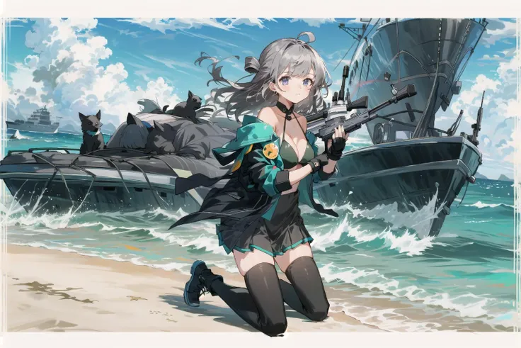 originalhoney, 1girl, gun, weapon, swimsuit, thighhighs, bikini, gloves, skirt, outdoors, holding gun, solo, fingerless gloves, jacket, holding, black footwear, day, holding weapon, beach, boots, looking at viewer, breasts, sky, black gloves, pleated skirt, black thighhighs, black skirt, ocean, rifle, open clothes, open jacket, watercraft, black jacket, cloud, kneeling, animal, off shoulder <lora:honey_badger-pynoise-000007:1>