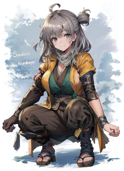 originalhoney,outfit sekiro, solo, 1girl, large breasts,curvy, looking at viewer, squatting cowgirl position, smile, <lora:outfit_sekiro-000008:1><lora:honey_badger-pynoise-000007:0.8>