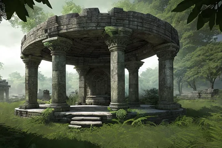 a stone structure with a circular doorway in the middle of it in a forest area with trees and bushes, style_tombraider