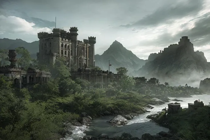 cliff, mountain range with a castle in the distance, style_tombraider
