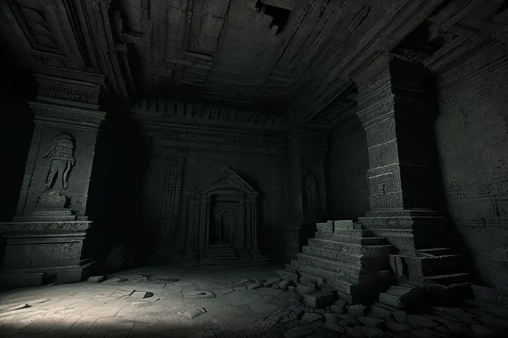dark cave with a maya sculpture, style_tombraider