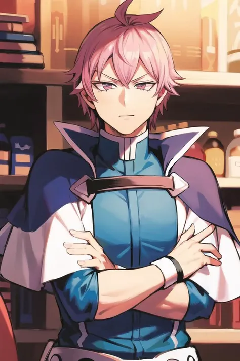 best quality, masterpiece, masterpiece, best quality, <lora:osamu_nishiv2-10:0.9>, crossed_arms,capelet,happy, pink_hair,spiked hair, solo,