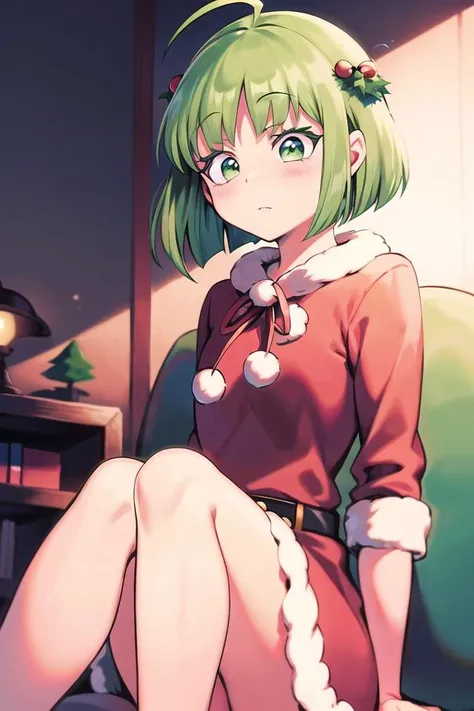 best quality, masterpiece, masterpiece, best quality, <lora:osamu_nishiv2-10:0.9>, knees_together_feet_apart,santa costume,flustered, green_hair,bob cut, solo,