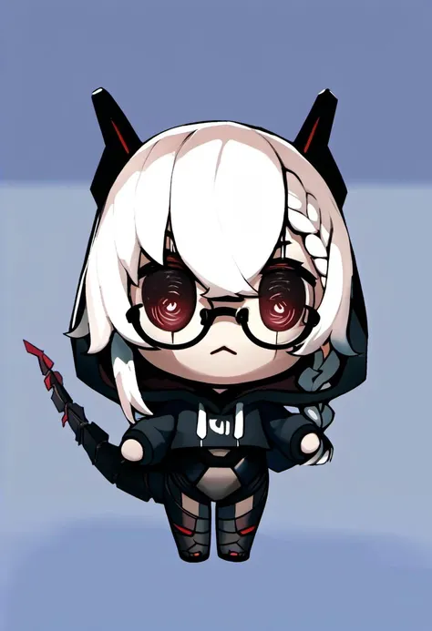 source_cartoon, rating_safe, <lora:style_beegsmol_ponyXL:1>, chibi,  <lora:Saruei_for_PonyXL:1>, saruei, solo, bodysuit, hoodie, white hair, looking at viewer, glasses, mechanical tail, braid, bangs, horns, scar over eye,, score_9, score_8_up, score_7_up, score_6_up, score_5_up, score_4_up