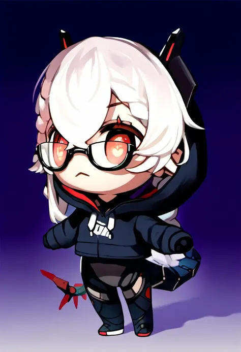 source_cartoon, rating_safe, <lora:style_beegsmol_ponyXL:1>, chibi,  <lora:Saruei_for_PonyXL:1>, saruei, solo, bodysuit, hoodie, white hair, looking at viewer, glasses, mechanical tail, braid, bangs, horns, scar over eye,, score_9, score_8_up, score_7_up, score_6_up, score_5_up, score_4_up