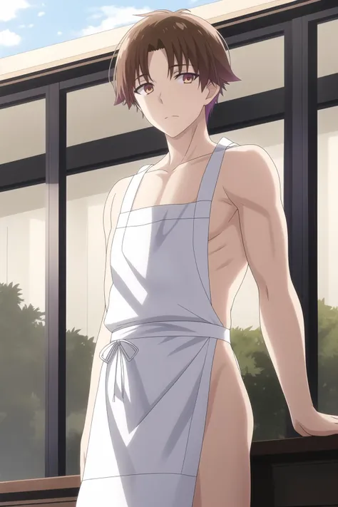 ayanokouji kiyotaka, 1boy, solo, male focus, brown hair, brown eyes, looking at viewer, outdoors, naked apron,