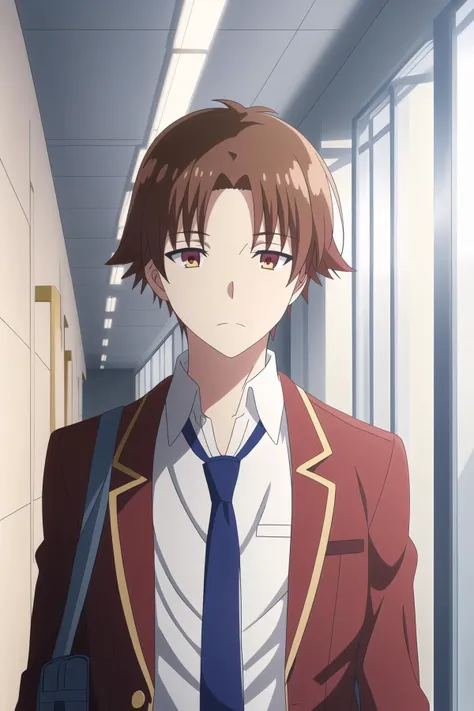 ayanokouji kiyotaka, 1boy, solo, male focus, brown hair, brown eyes, closed mouth, school uniform, shoulder bag, red jacket, open jacket, blue necktie, white shirt, hallway, indoors, upper body, looking at viewe