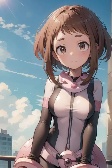 ochakouraraka, <lora:ochakouraraka-lora-nochekaiser:1>,
ochako uraraka, (uraraka ochako:1.5), (brown eyes:1.5), brown hair, short hair, blush, blush stickers,
BREAK (bodysuit:1.5), skin tight, superhero,
BREAK outdoors, city,
BREAK looking at viewer, cowboy shot,
BREAK <lyco:GoodHands-beta2:1>, (masterpiece:1.2), best quality, high resolution, unity 8k wallpaper, (illustration:0.8), (beautiful detailed eyes:1.6), extremely detailed face, perfect lighting, extremely detailed CG, (perfect hands, perfect anatomy),