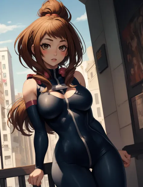 ochakouraraka, <lora:ochakouraraka-lora-nochekaiser:1>, ochako uraraka, (uraraka ochako:1.2), (brown eyes:1.2), brown hair, short hair, blush, blush stickers, (bodysuit:1.1), skin tight, superhero, outdoors, city, BREAK looking at viewer, cowboy shot,  (masterpiece:1.2), best quality, high resolution, unity 8k wallpaper, (illustration:0.8), (beautiful detailed eyes:1.6), extremely detailed face, perfect lighting, extremely detailed CG, (perfect hands, perfect anatomy), (smiling:1.2), curvy, wide hips, big breasts, voluptuous, dimly lit,league of legends concept art, artgerm, sciamano240