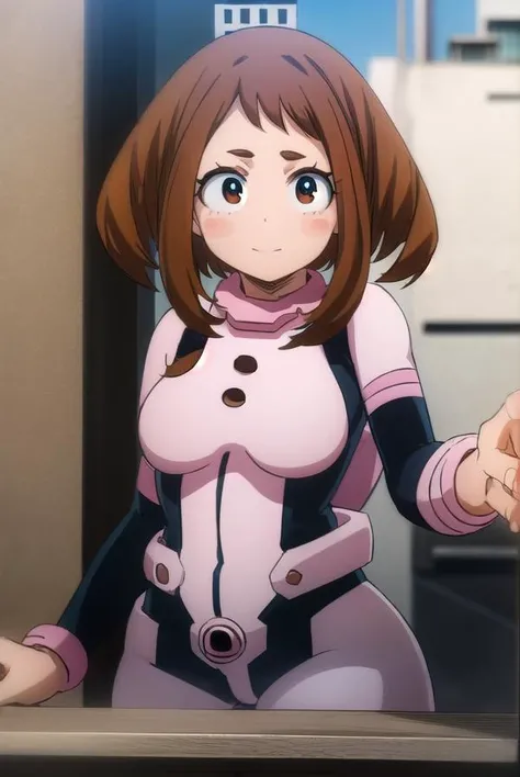 masterpiece, best quality, highres, hmochako, blush stickers, short hair, medium breasts, superhero, bodysuit, cowboy shot, standing, smile,