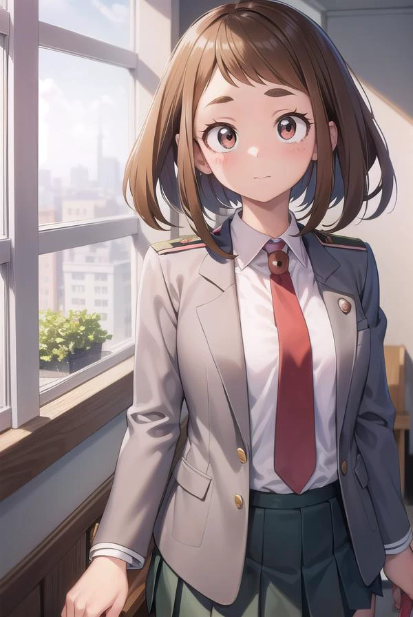 ochakouraraka, <lora:ochakouraraka-lora-nochekaiser:1>,
ochako uraraka, (uraraka ochako:1.5), (brown eyes:1.5), brown hair, short hair, blush, blush stickers,
BREAK grey jacket, jacket, pantyhose, school uniform, u.a. school uniform, necktie, red necktie, shirt, white shirt, collared shirt, long sleeves, skirt, green skirt, pleated skirt, short skirt,
BREAK indoors, classroom,
BREAK looking at viewer, cowboy shot,
BREAK <lyco:GoodHands-beta2:1>, (masterpiece:1.2), best quality, high resolution, unity 8k wallpaper, (illustration:0.8), (beautiful detailed eyes:1.6), extremely detailed face, perfect lighting, extremely detailed CG, (perfect hands, perfect anatomy),