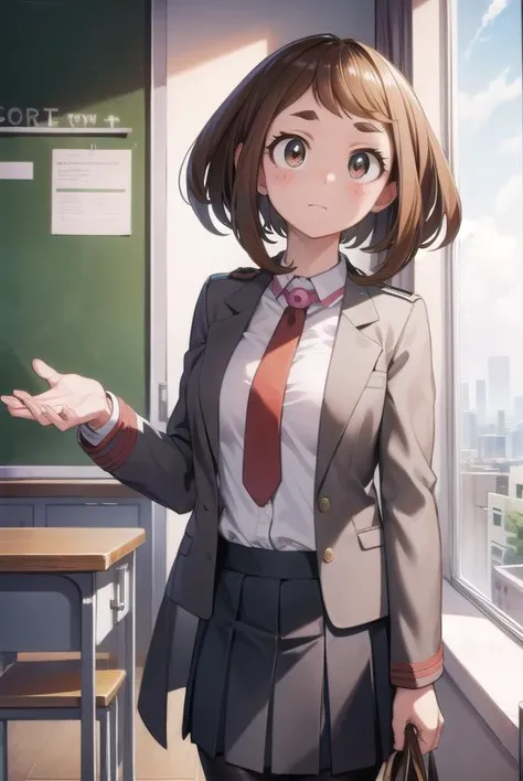 ochakouraraka, <lora:ochakouraraka-lora-nochekaiser:1>,
ochako uraraka, (uraraka ochako:1.5), (brown eyes:1.5), brown hair, short hair, blush, blush stickers,
BREAK grey jacket, jacket, pantyhose, school uniform, u.a. school uniform, necktie, red necktie, shirt, white shirt, collared shirt, long sleeves, skirt, green skirt, pleated skirt, short skirt,
BREAK indoors, classroom,
BREAK looking at viewer, cowboy shot,
BREAK <lyco:GoodHands-beta2:1>, (masterpiece:1.2), best quality, high resolution, unity 8k wallpaper, (illustration:0.8), (beautiful detailed eyes:1.6), extremely detailed face, perfect lighting, extremely detailed CG, (perfect hands, perfect anatomy),