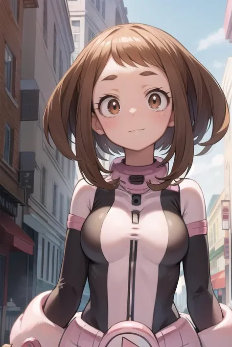 ochakouraraka, <lora:ochakouraraka-lora-nochekaiser:1>,
ochako uraraka, (uraraka ochako:1.5), (brown eyes:1.5), brown hair, short hair, blush, blush stickers,
BREAK (bodysuit:1.5), skin tight, superhero,
BREAK outdoors, city,
BREAK looking at viewer, cowboy shot,
BREAK <lyco:GoodHands-beta2:1>, (masterpiece:1.2), best quality, high resolution, unity 8k wallpaper, (illustration:0.8), (beautiful detailed eyes:1.6), extremely detailed face, perfect lighting, extremely detailed CG, (perfect hands, perfect anatomy),