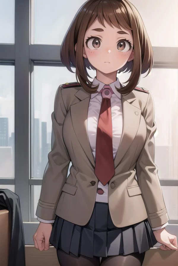 ochakouraraka, <lora:ochakouraraka-lora-nochekaiser:1>,
ochako uraraka, (uraraka ochako:1.5), (brown eyes:1.5), brown hair, short hair, blush, blush stickers,
BREAK grey jacket, jacket, pantyhose, school uniform, u.a. school uniform, necktie, red necktie, shirt, white shirt, collared shirt, long sleeves, skirt, green skirt, pleated skirt, short skirt,
BREAK indoors, classroom,
BREAK looking at viewer, cowboy shot,
BREAK <lyco:GoodHands-beta2:1>, (masterpiece:1.2), best quality, high resolution, unity 8k wallpaper, (illustration:0.8), (beautiful detailed eyes:1.6), extremely detailed face, perfect lighting, extremely detailed CG, (perfect hands, perfect anatomy),