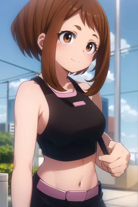 ((Best quality)), ((masterpiece)), (detailed), perfect face athletic body, red sports tight tank top, blue denim shorts, blue shorts over black tights, elastic breasts, Brown hair, ponytail hair