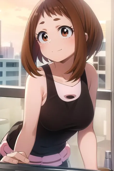 ochakouraraka, <lora:ochako uraraka s3-lora-nochekaiser:1>,
ochako uraraka, (uraraka ochako:1.5), (brown eyes:1.5), brown hair, short hair, blush, blush stickers, smile,
BREAK bare shoulders, pants, black shirt, tank top, blue pants, black tank top, track pants,
BREAK outdoors, city,
BREAK looking at viewer,
BREAK <lyco:GoodHands-beta2:1>, (masterpiece:1.2), best quality, high resolution, unity 8k wallpaper, (illustration:0.8), (beautiful detailed eyes:1.6), extremely detailed face, perfect lighting, extremely detailed CG, (perfect hands, perfect anatomy),