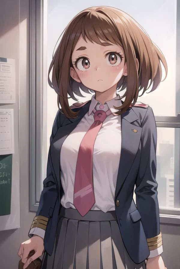 ochakouraraka, <lora:ochakouraraka-lora-nochekaiser:1>,
ochako uraraka, (uraraka ochako:1.5), (brown eyes:1.5), brown hair, short hair, blush, blush stickers,
BREAK grey jacket, jacket, pantyhose, school uniform, u.a. school uniform, necktie, red necktie, shirt, white shirt, collared shirt, long sleeves, skirt, green skirt, pleated skirt, short skirt,
BREAK indoors, classroom,
BREAK looking at viewer, cowboy shot,
BREAK <lyco:GoodHands-beta2:1>, (masterpiece:1.2), best quality, high resolution, unity 8k wallpaper, (illustration:0.8), (beautiful detailed eyes:1.6), extremely detailed face, perfect lighting, extremely detailed CG, (perfect hands, perfect anatomy),