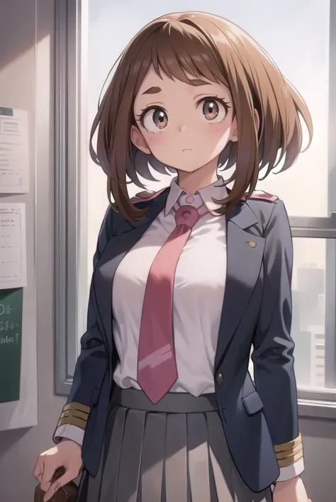 ochakouraraka, <lora:ochakouraraka-lora-nochekaiser:1>,
ochako uraraka, (uraraka ochako:1.5), (brown eyes:1.5), brown hair, short hair, blush, blush stickers,
BREAK grey jacket, jacket, pantyhose, school uniform, u.a. school uniform, necktie, red necktie, shirt, white shirt, collared shirt, long sleeves, skirt, green skirt, pleated skirt, short skirt,
BREAK indoors, classroom,
BREAK looking at viewer, cowboy shot,
BREAK <lyco:GoodHands-beta2:1>, (masterpiece:1.2), best quality, high resolution, unity 8k wallpaper, (illustration:0.8), (beautiful detailed eyes:1.6), extremely detailed face, perfect lighting, extremely detailed CG, (perfect hands, perfect anatomy),