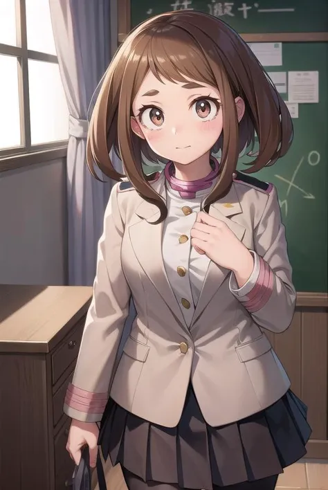 ochakouraraka, <lora:ochakouraraka-lora-nochekaiser:1>,
ochako uraraka, (uraraka ochako:1.5), (brown eyes:1.5), brown hair, short hair, blush, blush stickers,
BREAK grey jacket, jacket, pantyhose, school uniform, (u.a. school uniform:1.5),
BREAK indoors, classroom,
BREAK looking at viewer, cowboy shot,
BREAK <lyco:GoodHands-beta2:1>, (masterpiece:1.2), best quality, high resolution, unity 8k wallpaper, (illustration:0.8), (beautiful detailed eyes:1.6), extremely detailed face, perfect lighting, extremely detailed CG, (perfect hands, perfect anatomy),