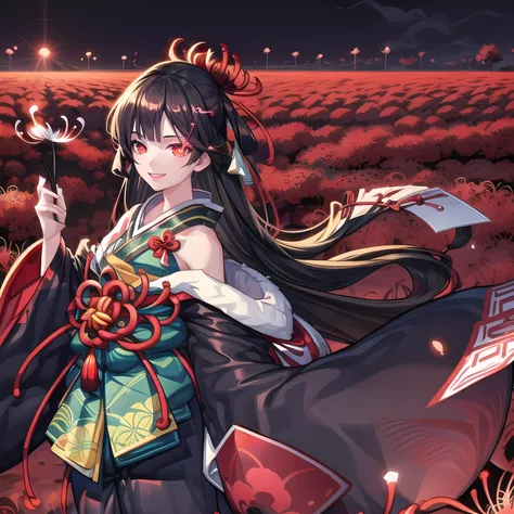 yuanshen,1girl,spider lily,long hair,flower,field,japanese clothes,flower field,red eyes,solo,kimono,smile,hair ornament,black hair,looking at viewer,glowing,sash,hair flower,glowing eyes,very long hair,obi,brown hair,bare shoulders,<lora:add_detail:0.5>,<lora:epiNoiseoffset_v2:0.5>,<lora:EnvyBetterHands LoCon_beta2:1>,perfect hands,<lora:å½¼å²¸è±1:0.8>,