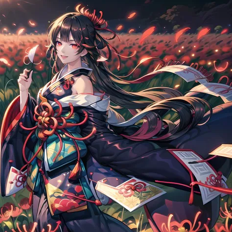 yuanshen,1girl,spider lily,long hair,flower,field,japanese clothes,flower field,red eyes,solo,kimono,smile,hair ornament,black hair,looking at viewer,glowing,sash,hair flower,glowing eyes,very long hair,obi,brown hair,bare shoulders,<lora:add_detail:0.5>,<lora:epiNoiseoffset_v2:0.5>,<lora:EnvyBetterHands LoCon_beta2:1>,perfect hands,<lora:彼岸花1:0.8>,