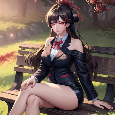 yuanshen,1girl,spider lily,long hair,flower,field,flower field,red eyes,solo,hair ornament,black hair,looking at viewer,glowing,sash,hair flower,glowing eyes,very long hair,brown hair,bare shoulders,<lora:add_detail:0.5>,<lora:epiNoiseoffset_v2:0.5>,<lora:EnvyBetterHands LoCon_beta2:1>,perfect hands,<lora:彼岸è±1:1:lbw=1,1,1,1,1,0,0,0,0.8,1,1,0.2,0,0,0,0,0>,(highres, high quality:1.3),intricate details,cinematic lighting,sharp focus,depth of field,mature female,sitting on bench,looking away,park,evening,sunset,sky,(lonely, sad:1.1),very long hair,makeup,lipstick,eyelashes,detailed eyes,perfect face,business suit,formal,skirt suit,jacket suit,miniskirt,large breasts,(areola slip:1.2),(nipple slip:0.7),thighs,