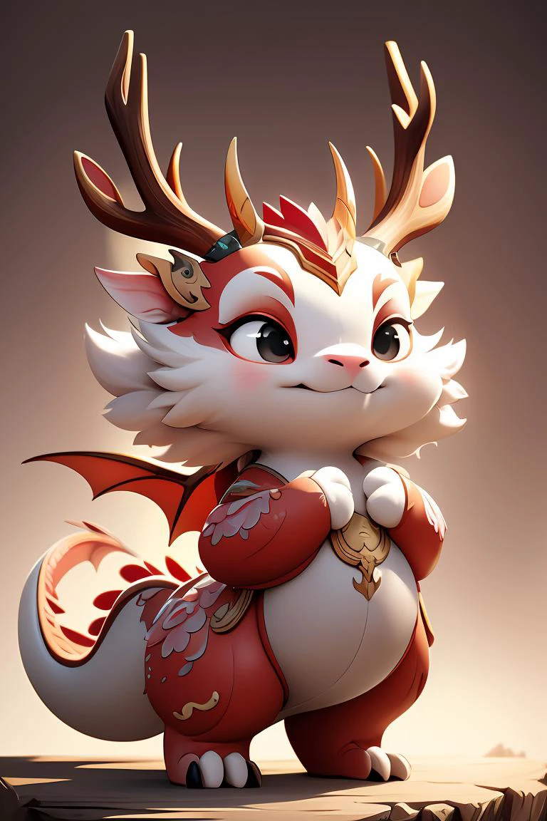 chibi, masterpiece, best quality, original, official art,full body,A cute Chinese dragon, antlers, two hands,Pink dragon scales, standing, anthropomorphic, beautiful light, surreal,blurred background,,<lora:GoodHands-beta2:1>, cartoon rendering,bright light,