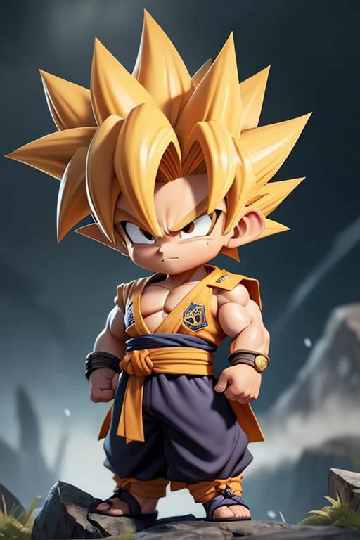 (masterpiece, best quality), intricate details, artstation, wallpaper, official art, splash art, storm in background, sharp focus, 1boy, (photorealistic:1.2) (bokeh) (best quality) (detailed skin:1.3) (intricate details) (8k) (detailed eyes) (sharp focus) son goku, angry, battle damage, blonde hair, blue sash, clenched teeth, furious, green eyes, male focus, muscular, muscular male, pectorals, sash, solo, spiked hair, super saiyan, super saiyan 1, teeth, topless male, torn clothes, wristband,full body, chibi <lora:goku_black1-10:0.7>,<lora:GoodHands-beta2:1>, cartoon rendering