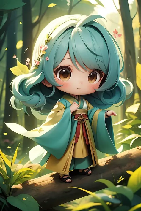 chibi,masterpiece, best quality, original, official art,1 girl,perm,(floating hair),hanfu,forest,depth of field, forest background,<lora:GoodHands-beta2:1>, cartoon rendering,